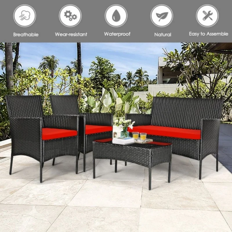 4-Piece Rattan Outdoor Conversation Seating Set with Red Cushion and Patio Tempered Glass Table
