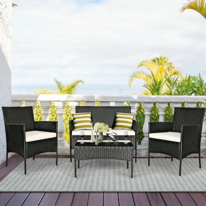 4-Piece Rattan Outdoor Conversation Seating Set with White Cushion and Patio Tempered Glass Table