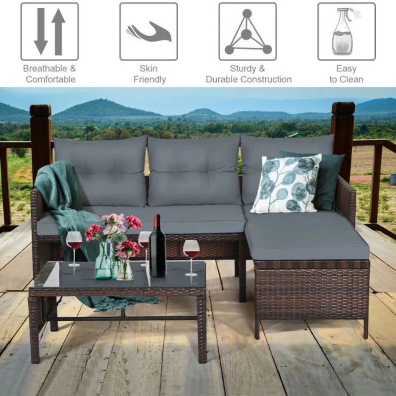 3-Piece Wicker Outdoor Corner Sectional Sofa Set with Gray Cushions and Coffee Table
