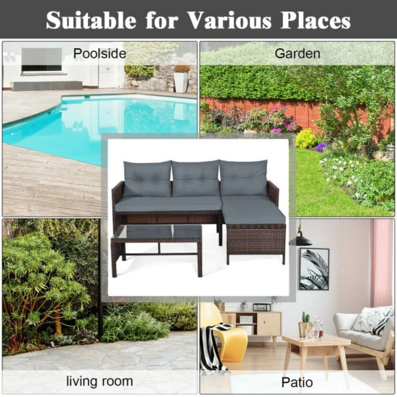 3-Piece Wicker Outdoor Corner Sectional Sofa Set with Gray Cushions and Coffee Table