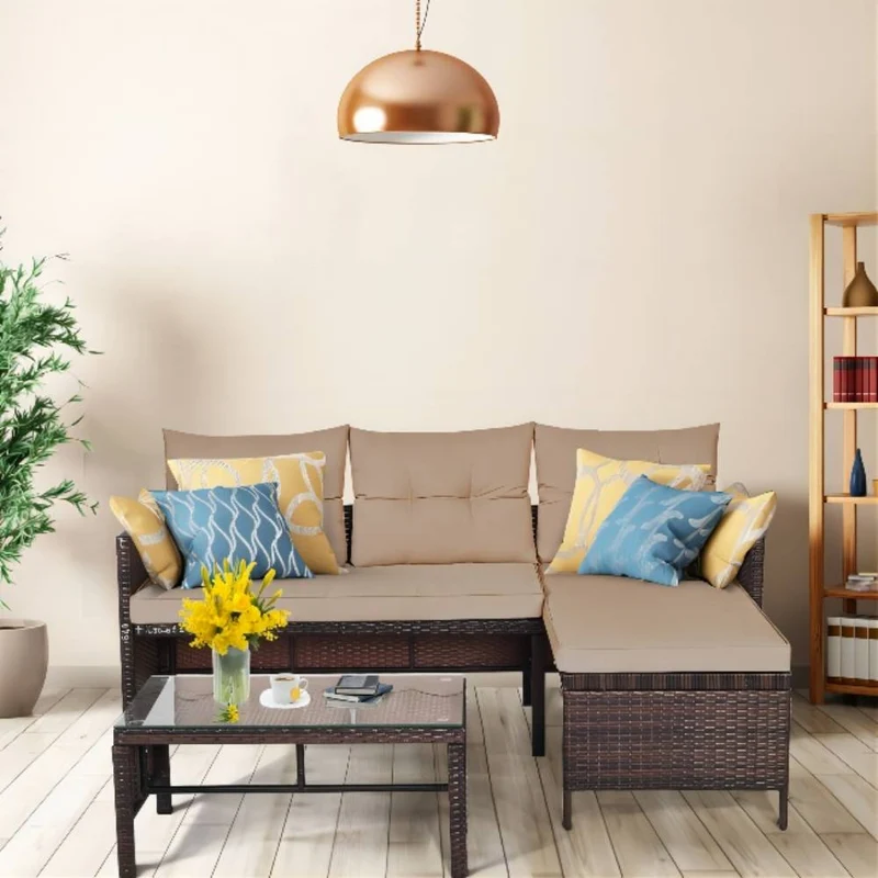 3-Piece Wicker Outdoor Corner Sectional Sofa Set with Beige Cushions and Coffee Table