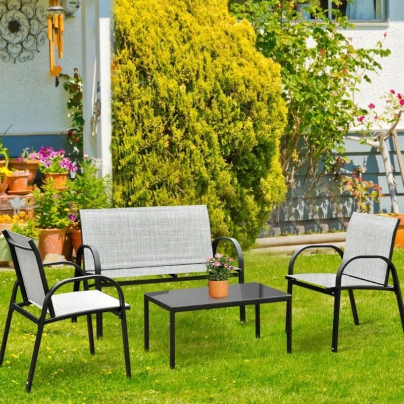 Gray 4-Piece Metal Furniture Patio Conversation Set with Glass Top Coffee Table