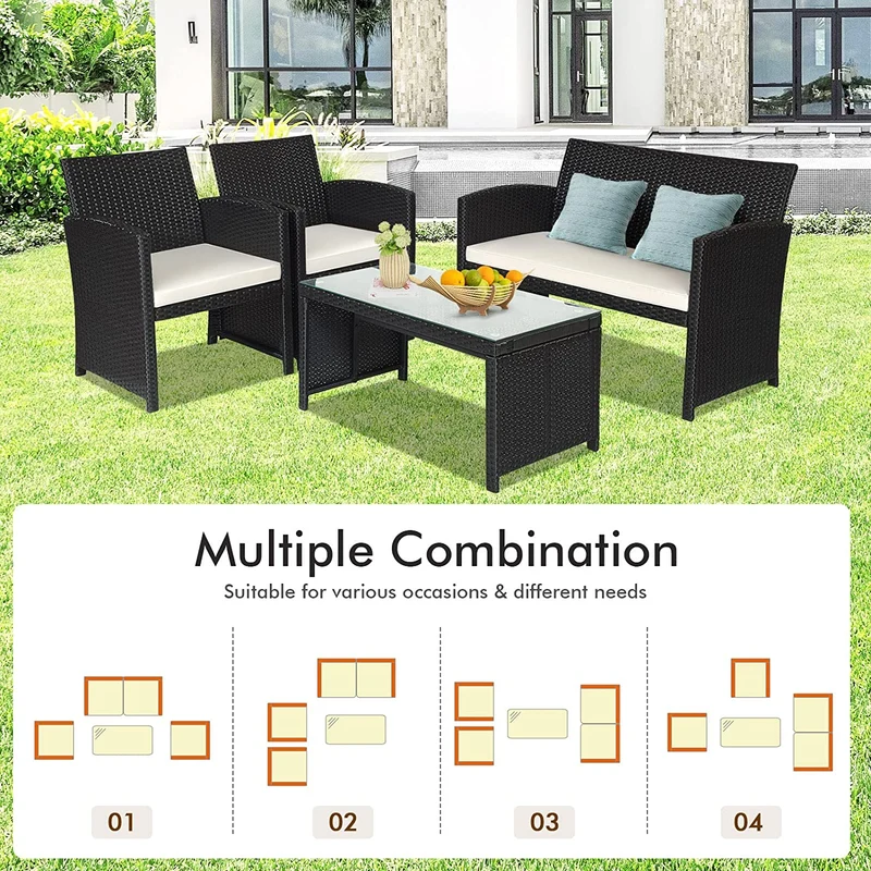 4-Piece Outdoor Wicker Conversation Furniture Set with White Cushion and Tempered Glass Table