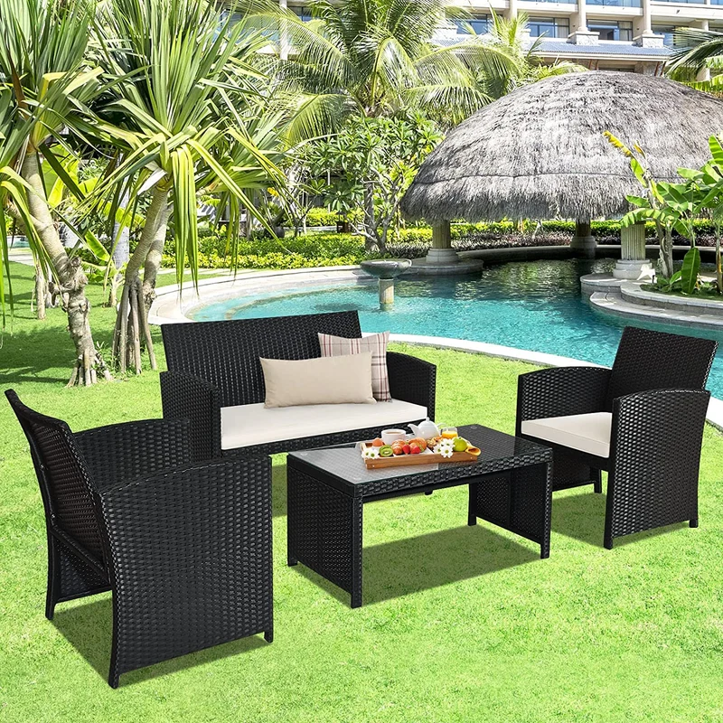 4-Piece Outdoor Wicker Conversation Furniture Set with White Cushion and Tempered Glass Table