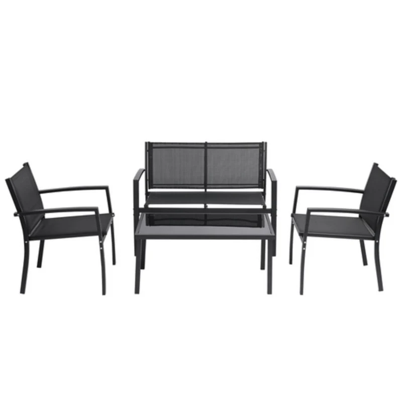 Black 4-Piece Metal Furniture Patio Conversation Set with Glass Top Coffee Table