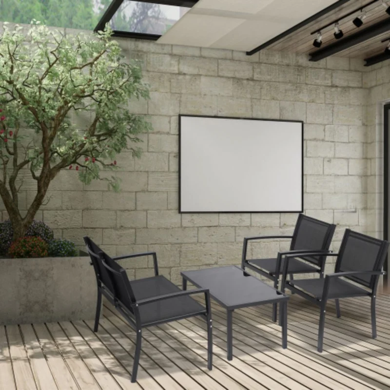 Black 4-Piece Metal Furniture Patio Conversation Set with Glass Top Coffee Table
