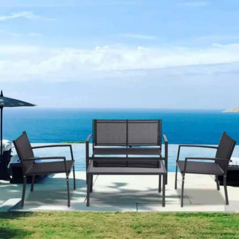 Black 4-Piece Metal Furniture Patio Conversation Set with Glass Top Coffee Table