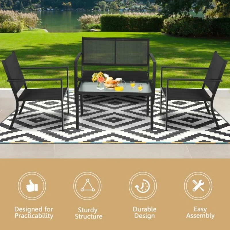 Black 4-Piece Metal Furniture Patio Conversation Set with Glass Top Coffee Table