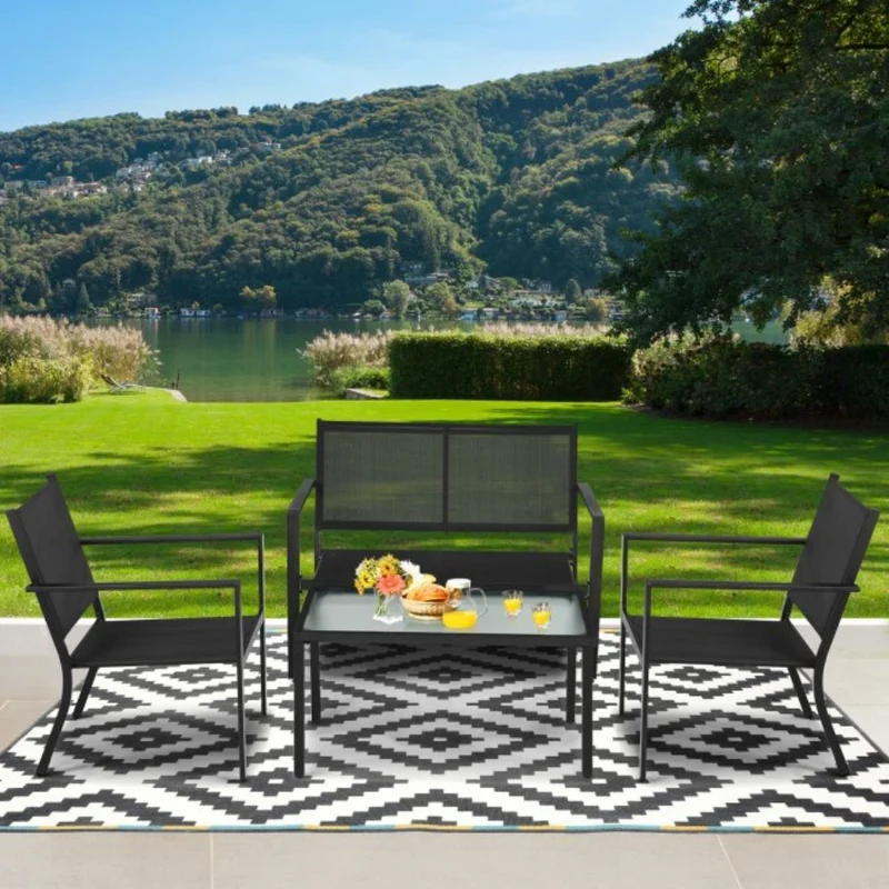 Black 4-Piece Metal Furniture Patio Conversation Set with Glass Top Coffee Table