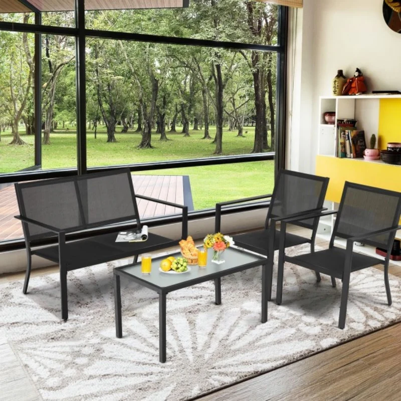 Black 4-Piece Metal Furniture Patio Conversation Set with Glass Top Coffee Table