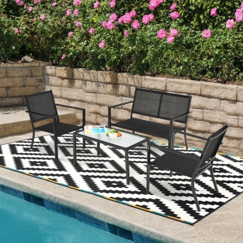 Black 4-Piece Metal Furniture Patio Conversation Set with Glass Top Coffee Table