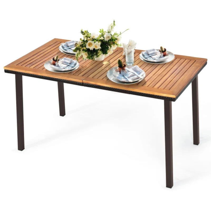 55 in. Patio Wood Rattan Outdoor Dining Table with Acacia Wood Tabletop and Umbrella Hole