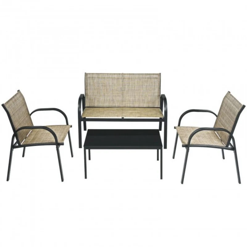 Brown 4-Piece Metal Furniture Patio Conversation Set with Glass Top Coffee Table