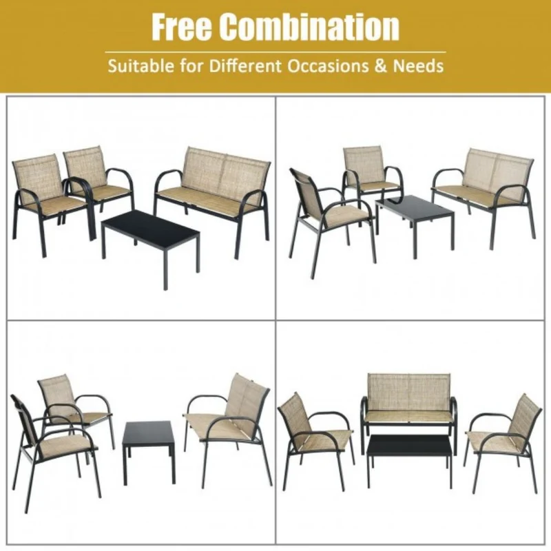 Brown 4-Piece Metal Furniture Patio Conversation Set with Glass Top Coffee Table