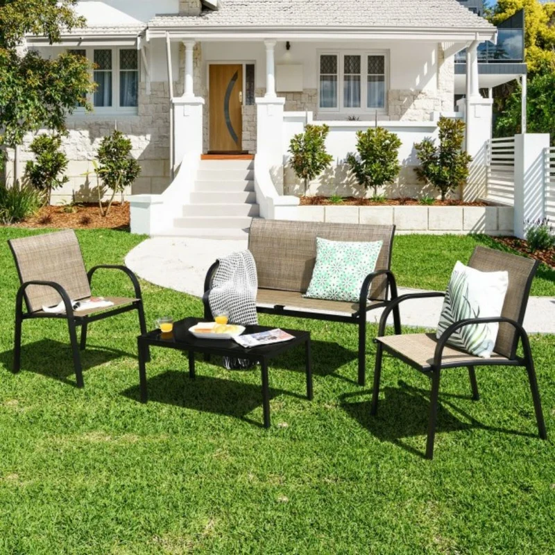 Brown 4-Piece Metal Furniture Patio Conversation Set with Glass Top Coffee Table