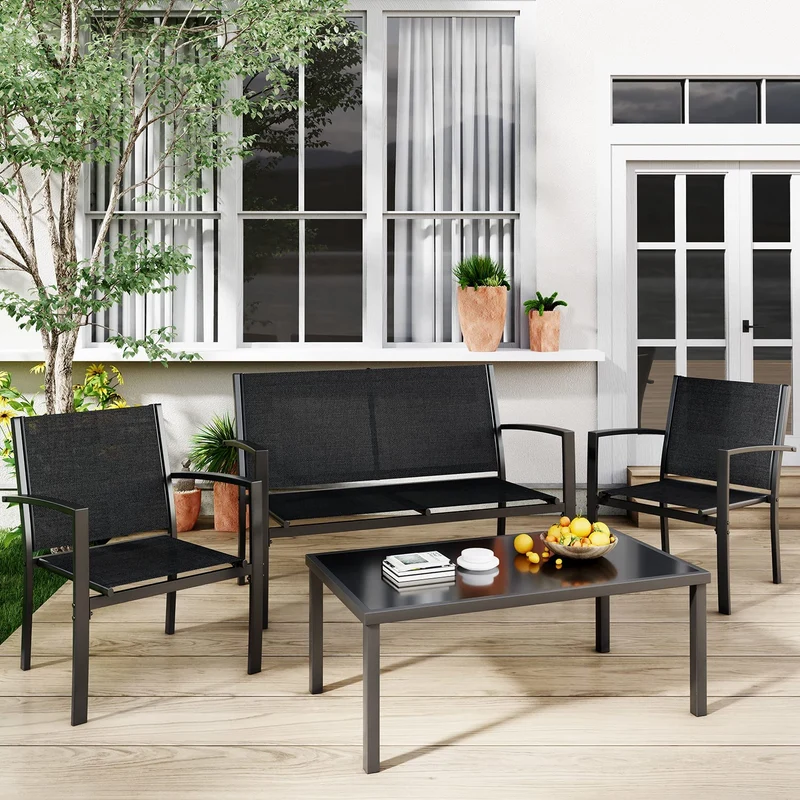 Black 4-Piece Metal Furniture Patio Conversation Set with Glass Top Coffee Table