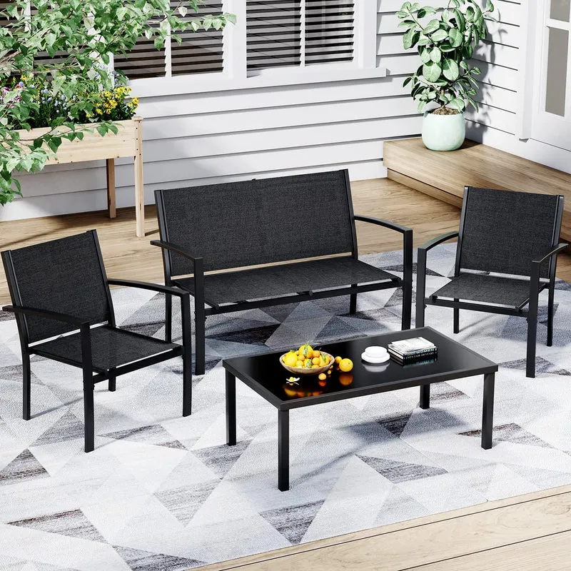 Black 4-Piece Metal Furniture Patio Conversation Set with Glass Top Coffee Table