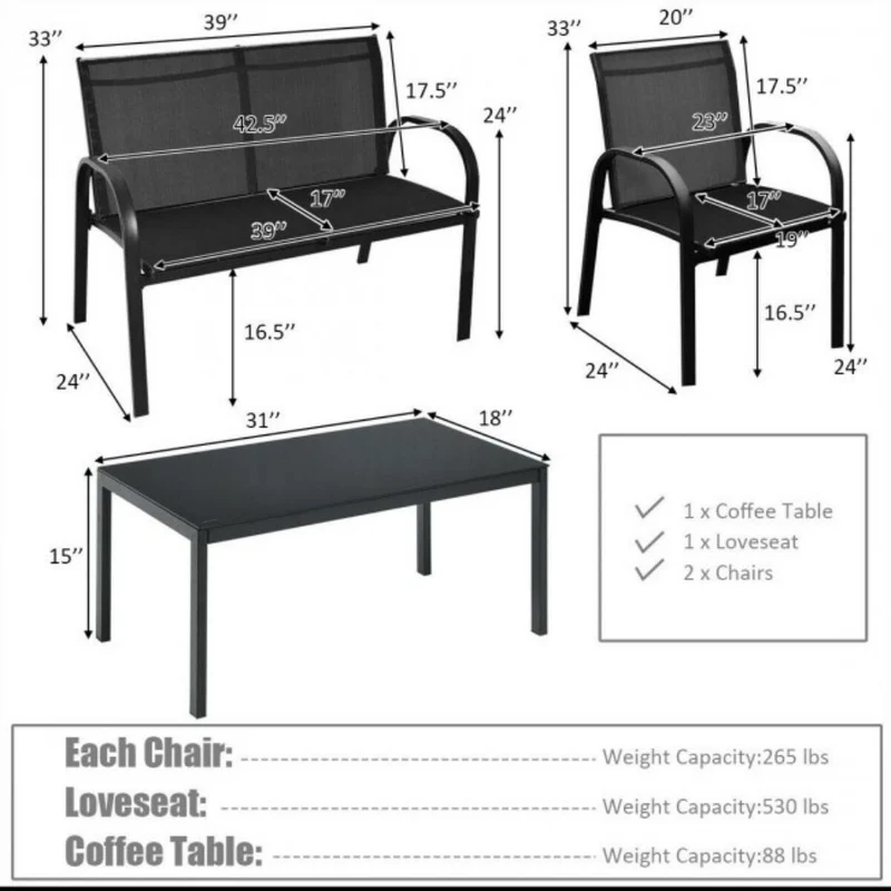 Black 4-Piece Metal Furniture Patio Conversation Set with Glass Top Coffee Table