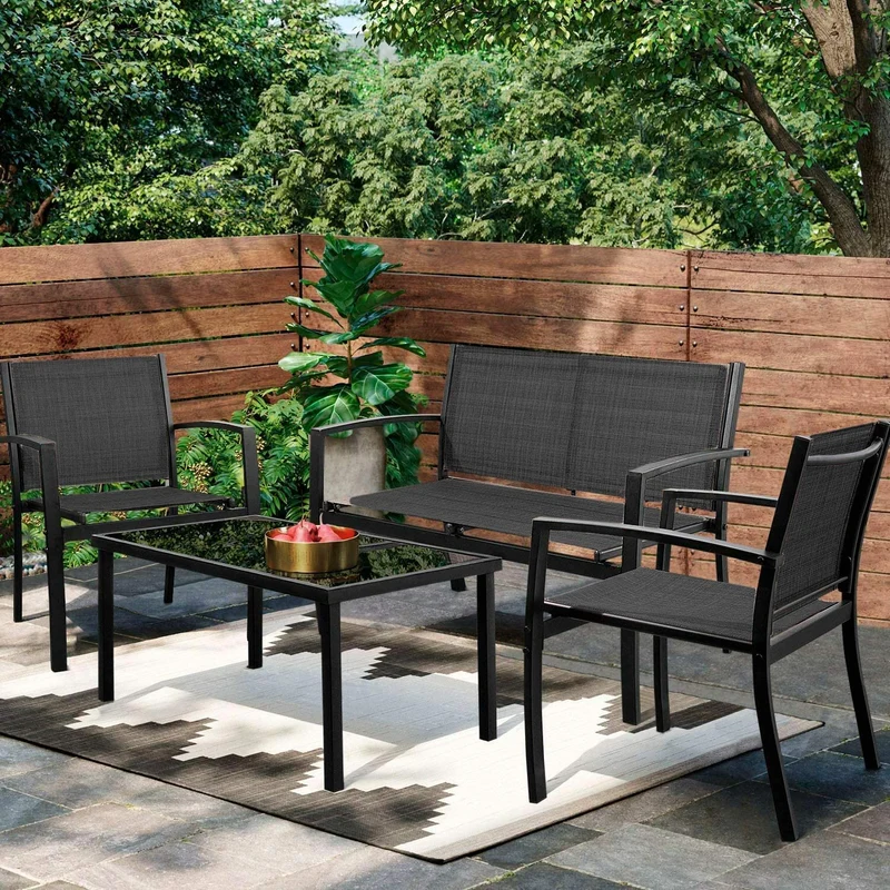Black 4-Piece Metal Furniture Patio Conversation Set with Glass Top Coffee Table