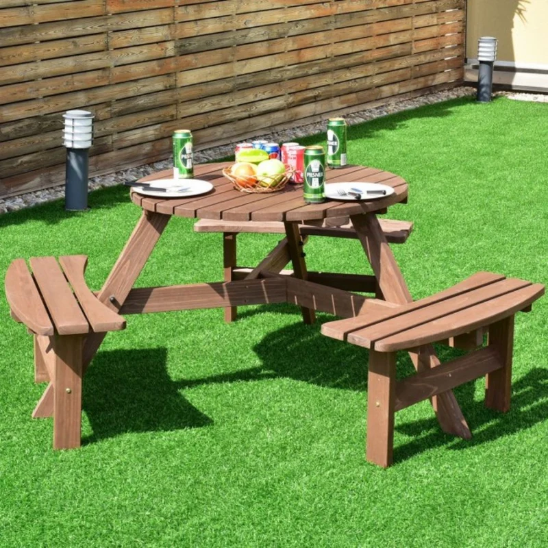 6-Person Patio Wood Picnic Table Beer Bench Set with Umbrella Hole