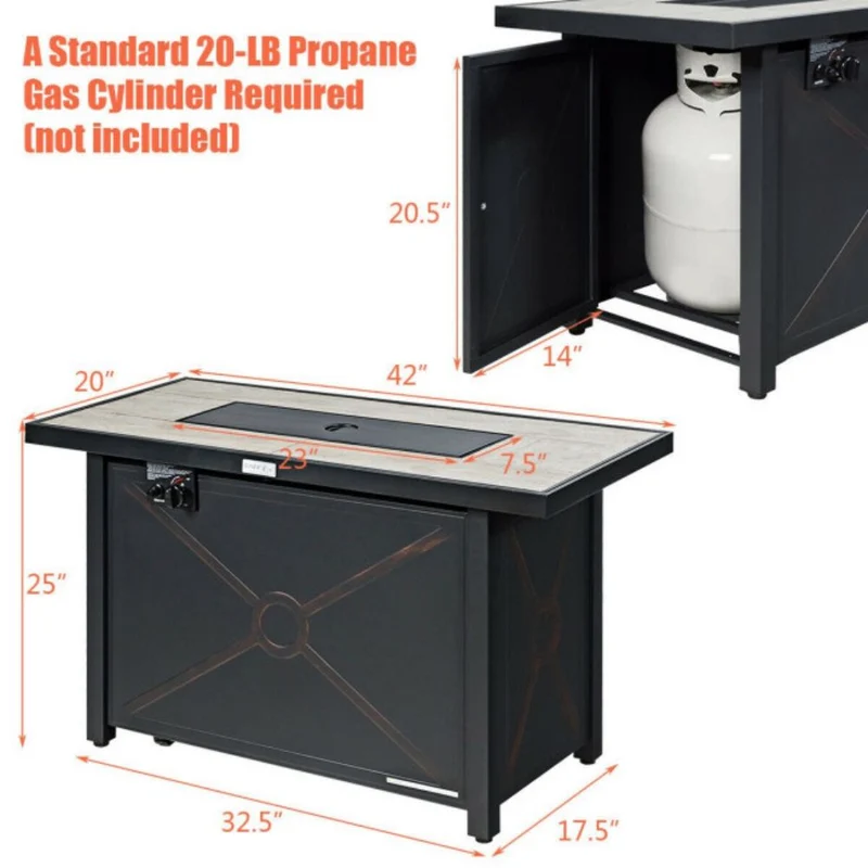 42 in. Outdoor Metal Rectangular Propane Gas Fire Pit Table with Table Cover