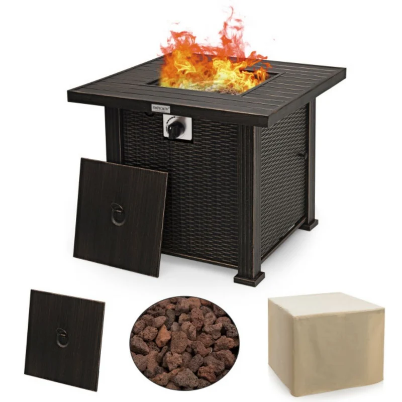 30 in. Outdoor Square Propane Gas Fire Pit Table with Table Cover