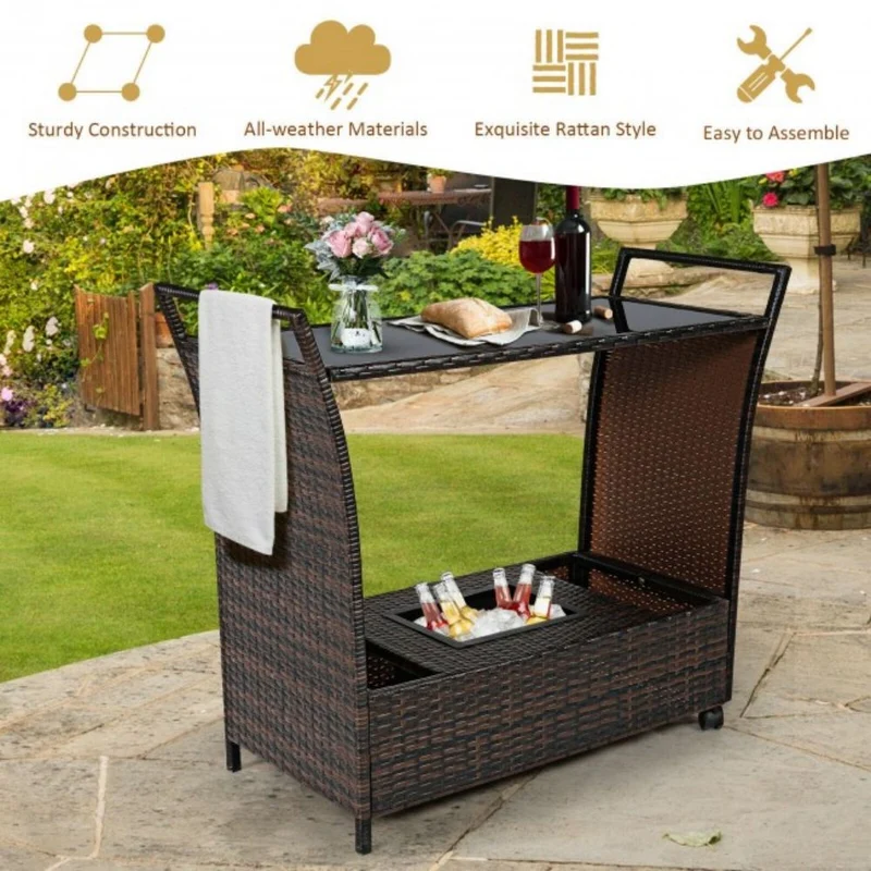 Outdoor Patio Wicker Rattan Bar Serving Cart with Glass Top and Handle