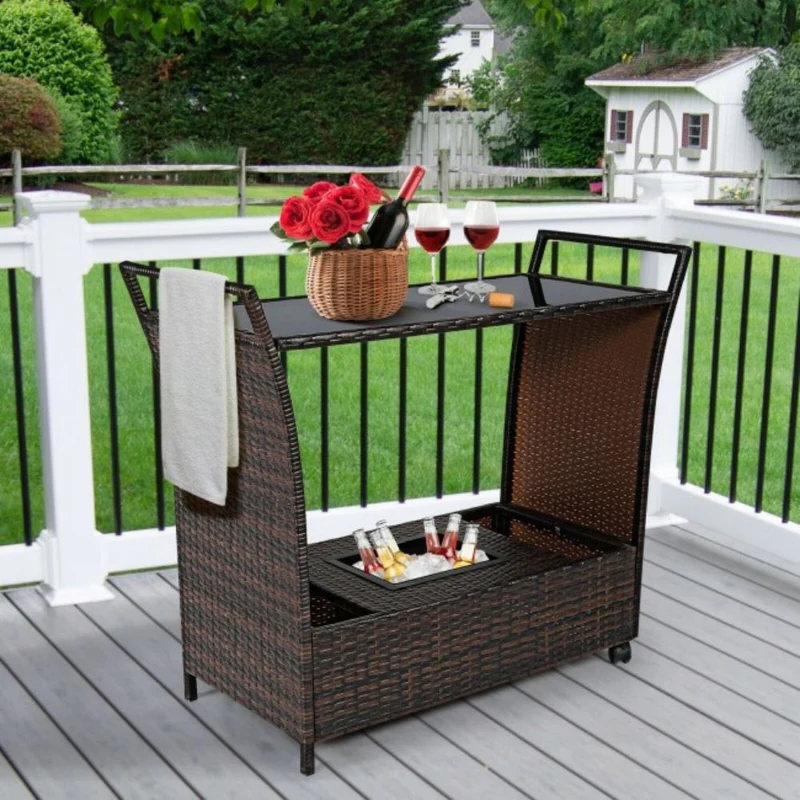 Outdoor Patio Wicker Rattan Bar Serving Cart with Glass Top and Handle