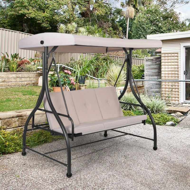 3-Person Black Metal Patio Swing with Beige Cushion