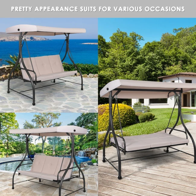 3-Person Black Metal Patio Swing with Beige Cushion