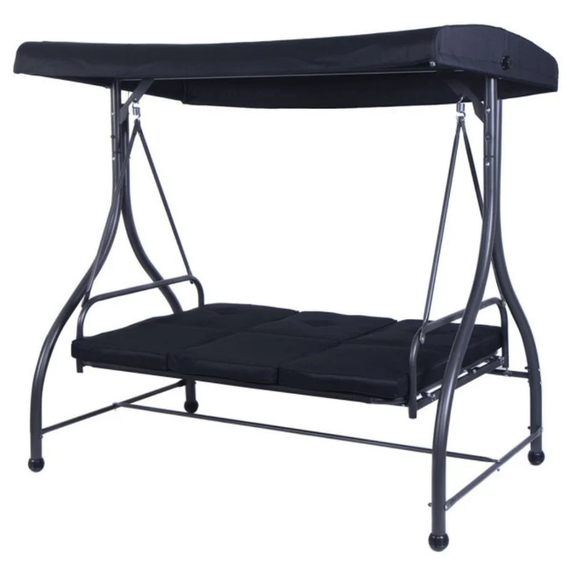 3-Person Black Metal Patio Swing with Black Cushion
