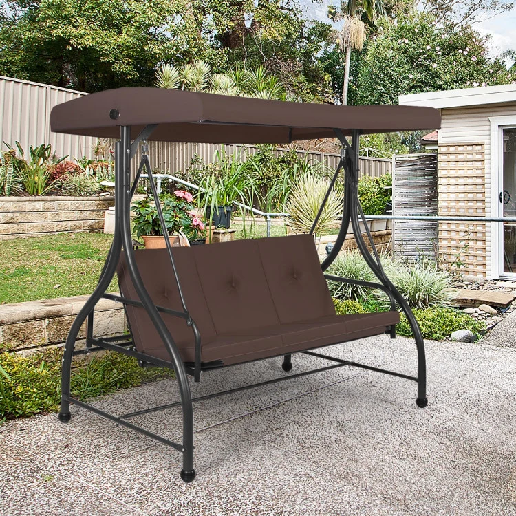3-Person Black Metal Patio Swing with Brown Cushion