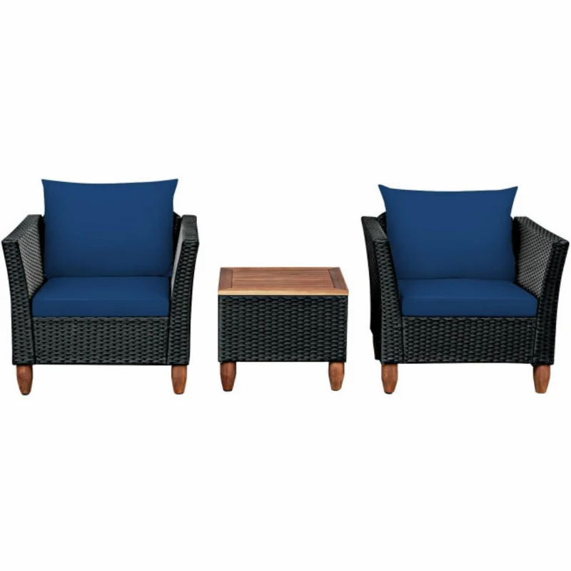 3-Pieces Rattan Outdoor Patio Conversation Set with Navy Cushions