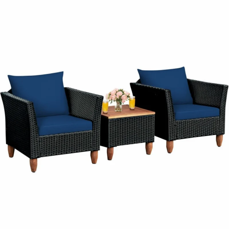 3-Pieces Rattan Outdoor Patio Conversation Set with Navy Cushions
