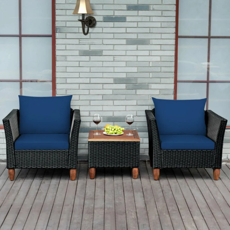 3-Pieces Rattan Outdoor Patio Conversation Set with Navy Cushions