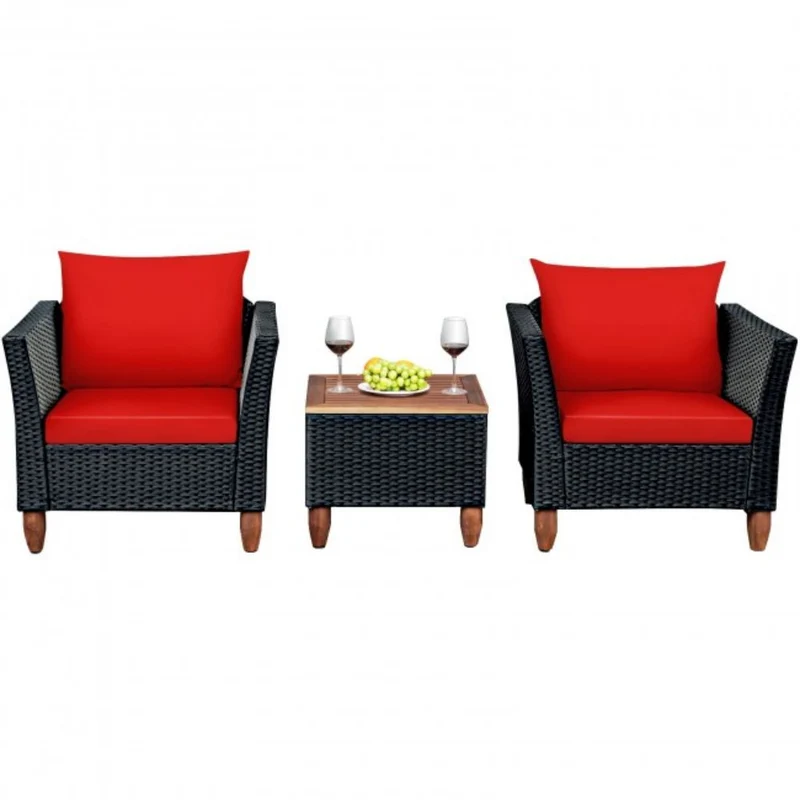 3-Pieces Outdoor Patio Rattan Conversation Set with Red Cushions