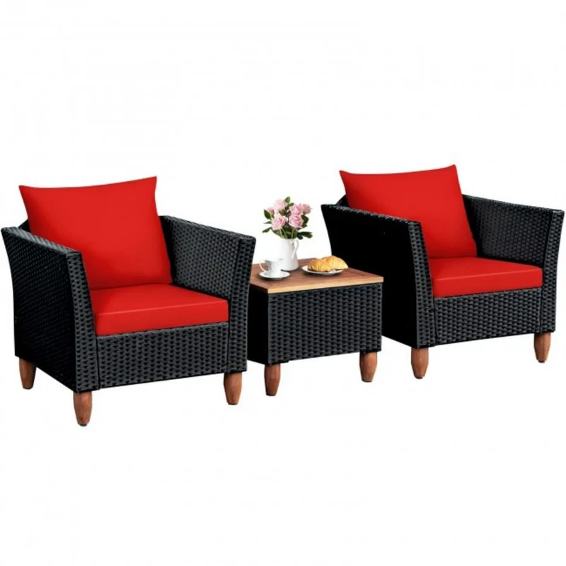 3-Pieces Outdoor Patio Rattan Conversation Set with Red Cushions