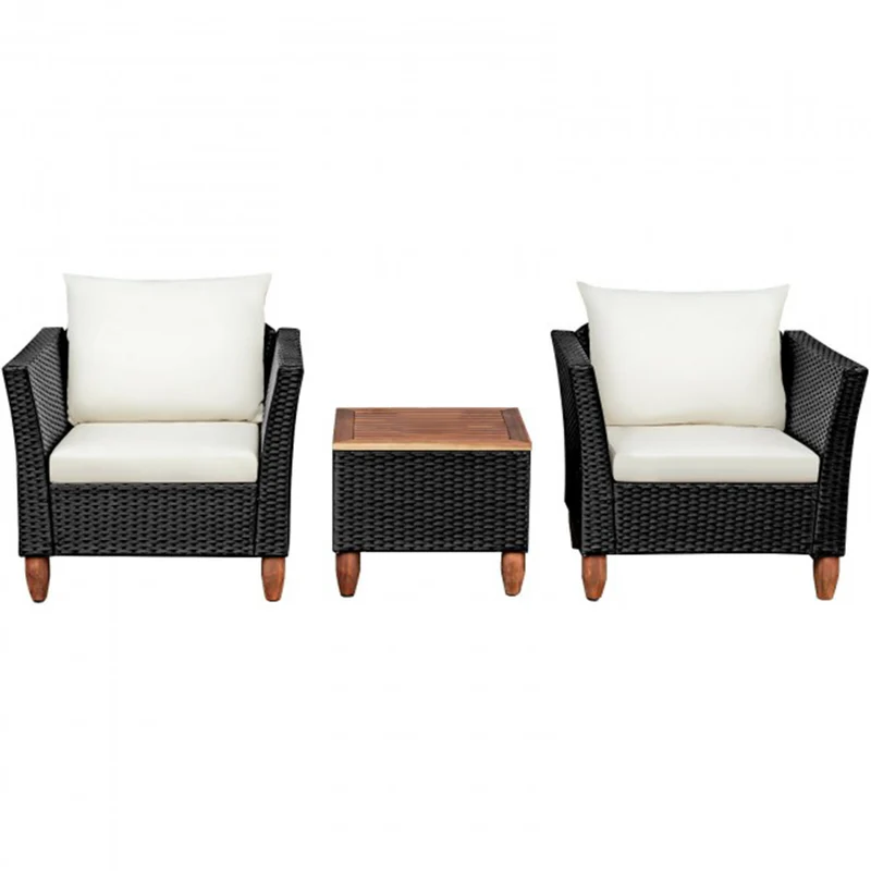 3-Pieces Outdoor Patio Rattan Conversation Set with White Cushions