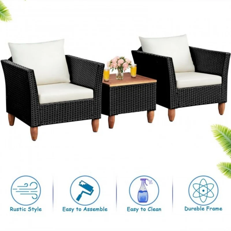 3-Pieces Outdoor Patio Rattan Conversation Set with White Cushions