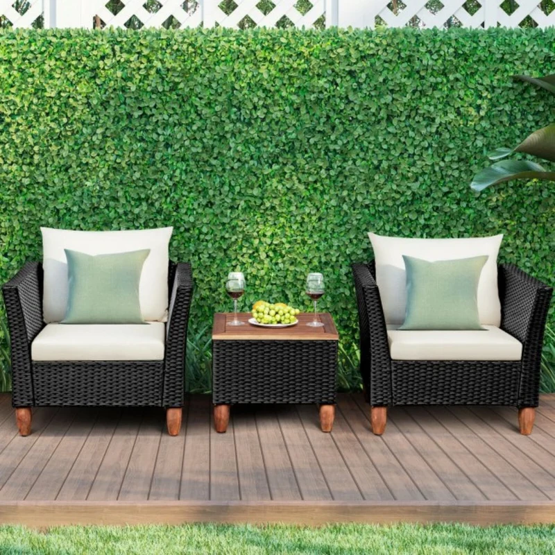 3-Pieces Outdoor Patio Rattan Conversation Set with White Cushions