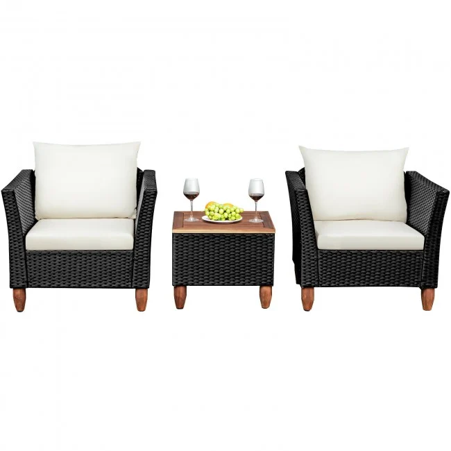 3-Pieces Outdoor Patio Rattan Conversation Set with White Cushions
