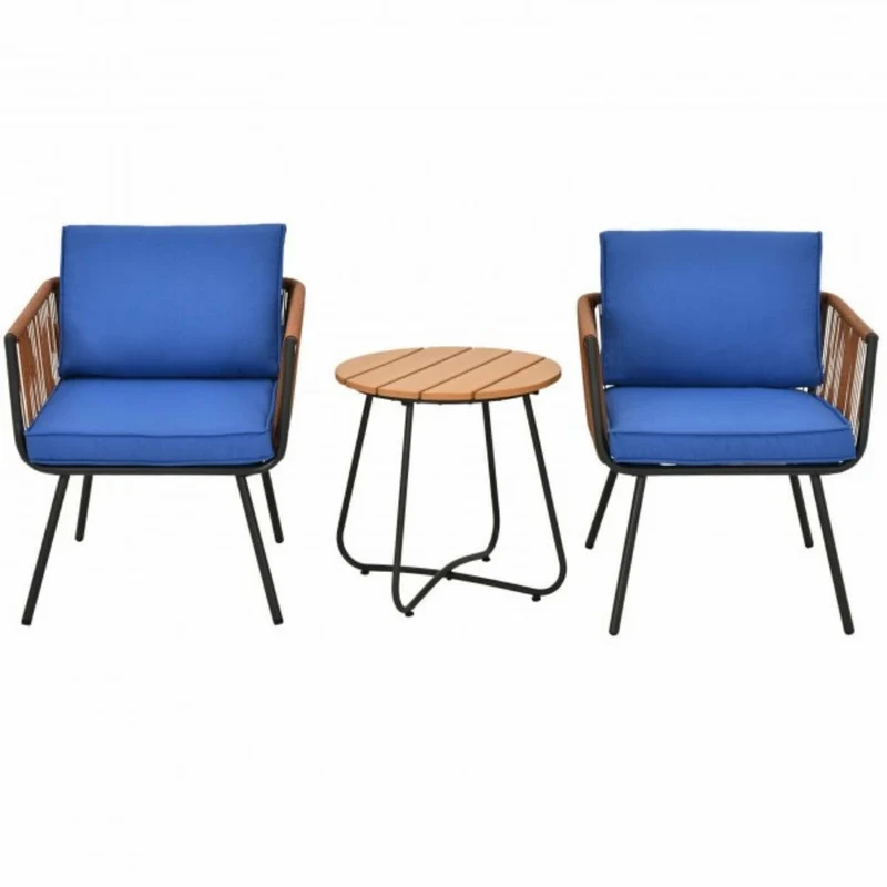 3-Piece Metal Outdoor Patio Conversation Set with Armrest and Blue Cushions