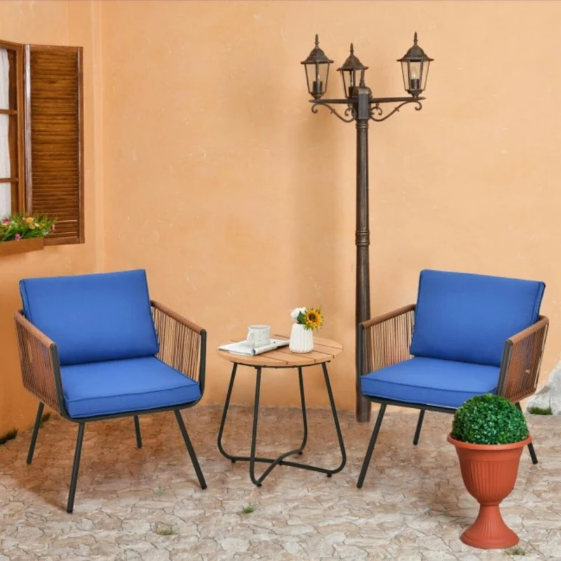 3-Piece Metal Outdoor Patio Conversation Set with Armrest and Blue Cushions