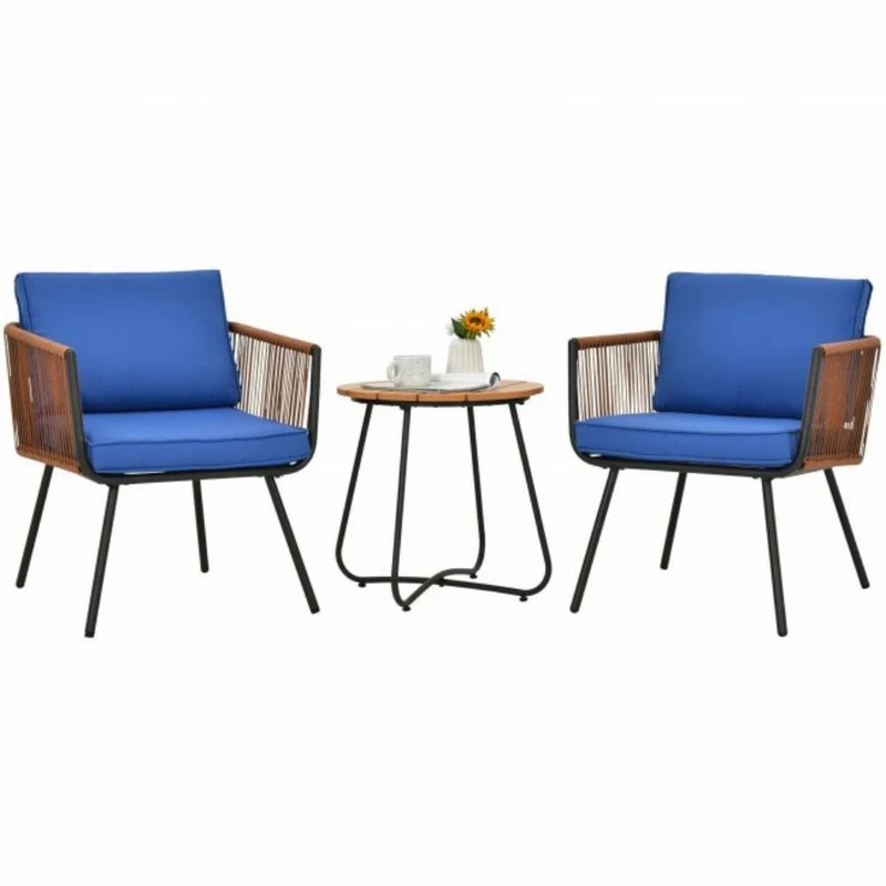 3-Piece Metal Outdoor Patio Conversation Set with Armrest and Blue Cushions
