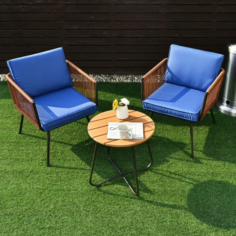 3-Piece Metal Outdoor Patio Conversation Set with Armrest and Blue Cushions