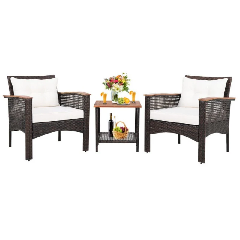 3-Pieces Rattan Outdoor Patio Conversation Set with White Cushions