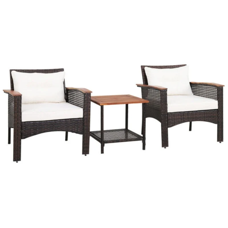 3-Pieces Rattan Outdoor Patio Conversation Set with White Cushions