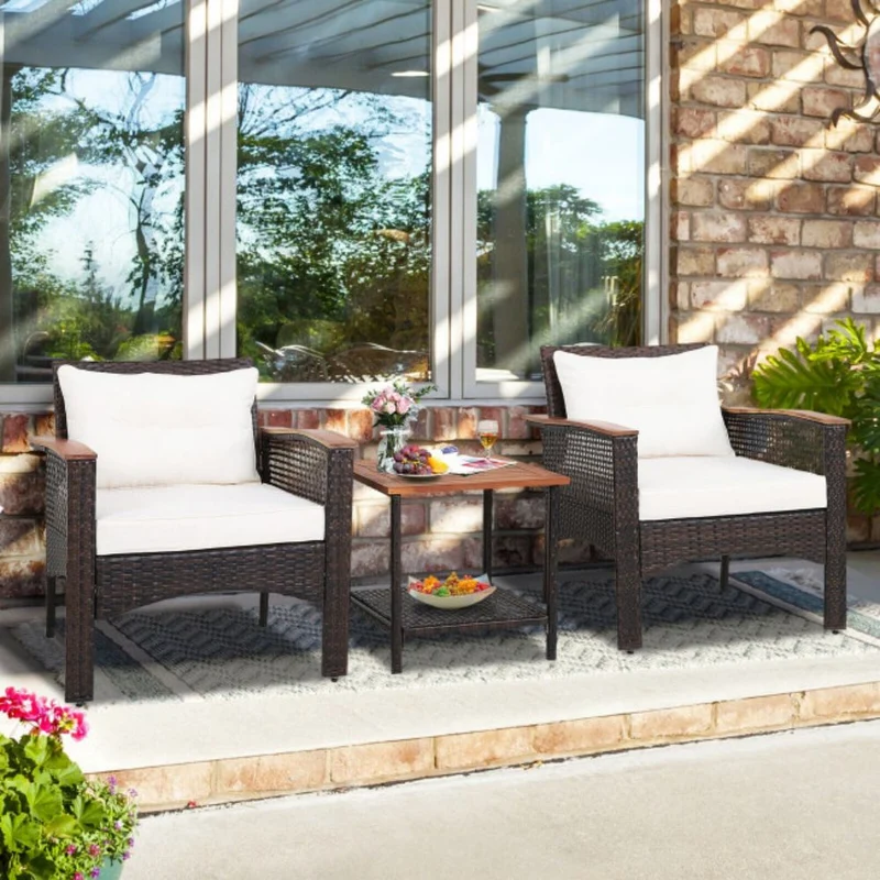 3-Pieces Rattan Outdoor Patio Conversation Set with White Cushions