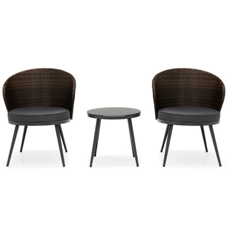3-Pieces Rattan Outdoor Patio Conversation Set with Black Cushions
