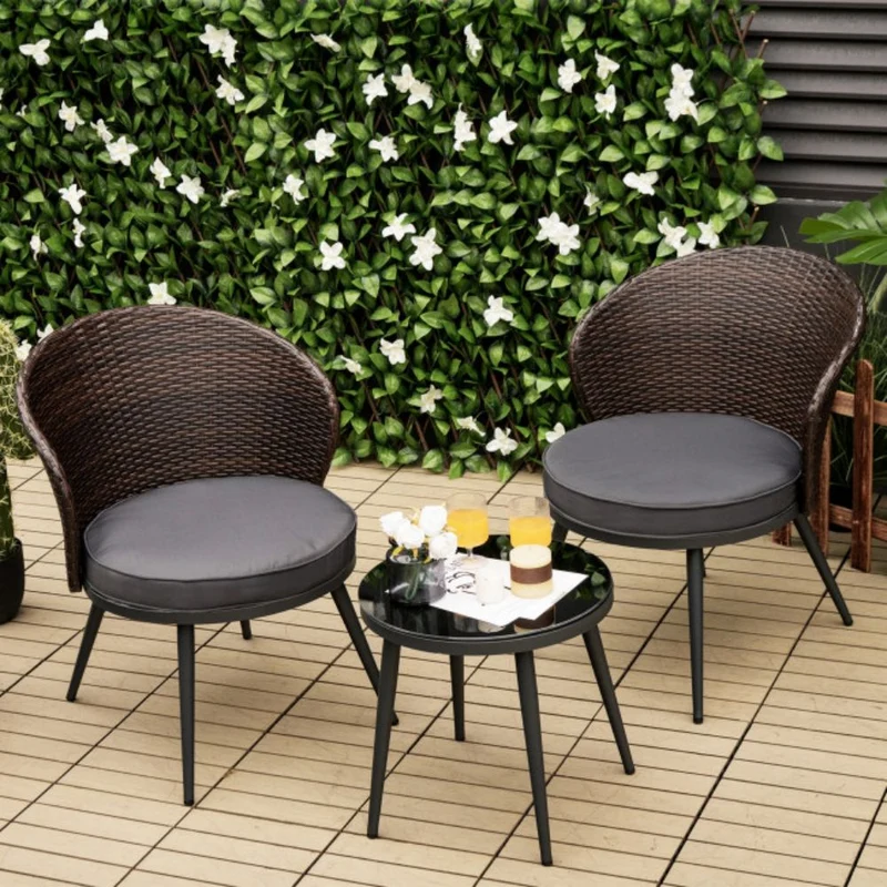3-Pieces Rattan Outdoor Patio Conversation Set with Black Cushions
